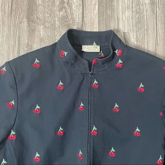 ST. JOHN SPORT 1990s Vintage So Cherry Print Side Tie Black Zip Up Denim Jacket - Picture 8 of 14